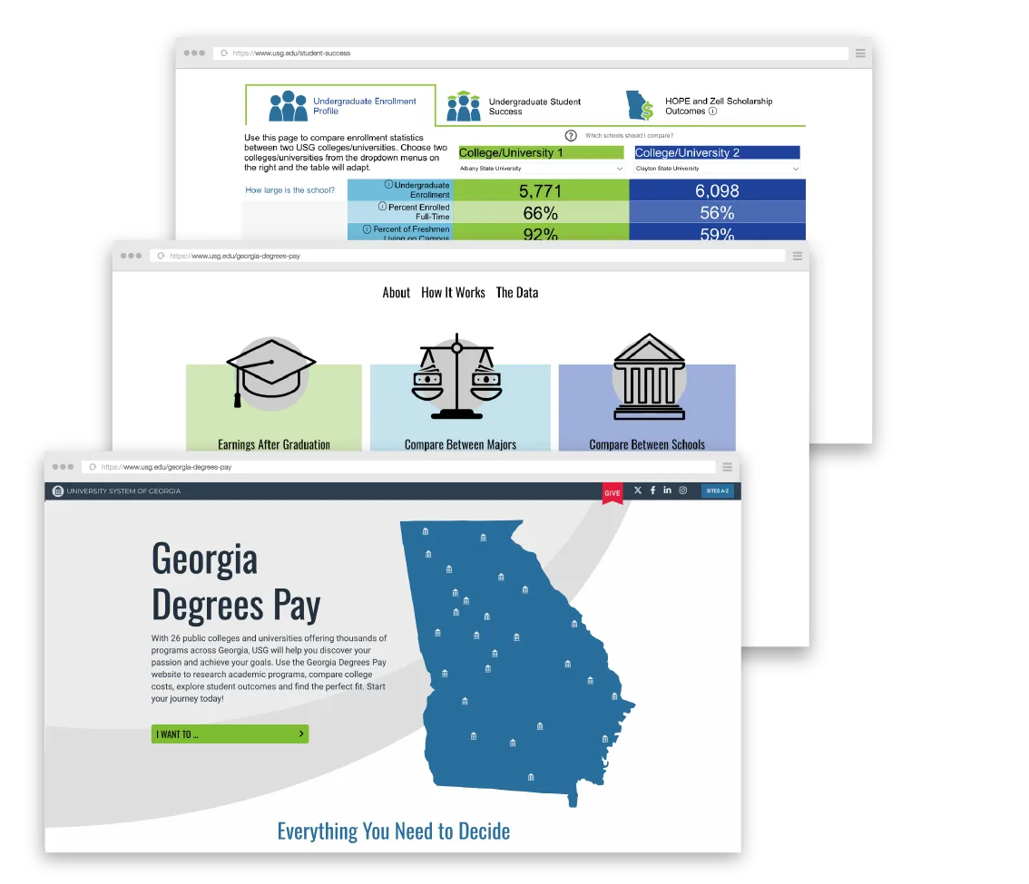 three sample pages of the Georgia Degrees Pay site