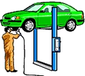 Cartoon image of a car on a mechanic's lift. Mechanic is working on the car.