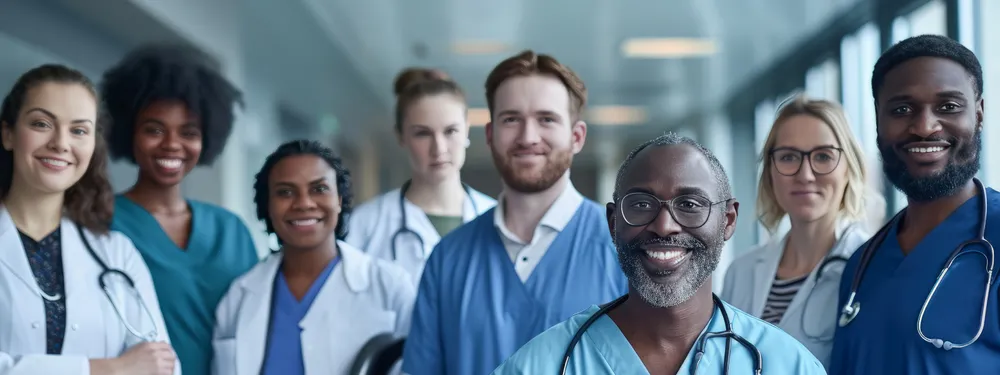 A group of nurses smiling and looking at the camera