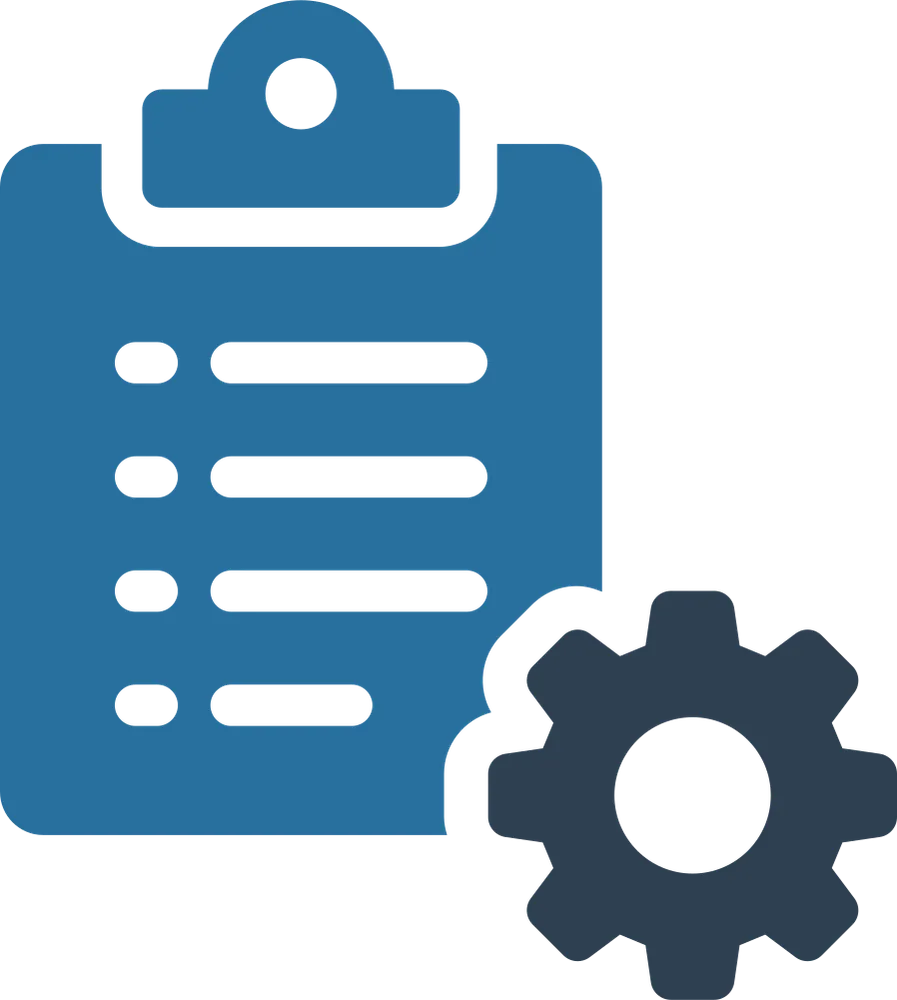 Icon of a blue clipboard with a black gear icon the bottom right.