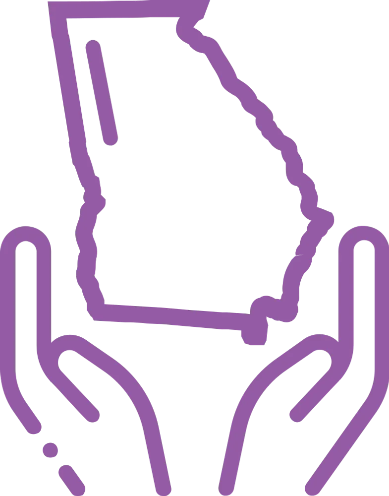 An outline of the state of Georgia with hands embracing it from the bottom.  Purple in color.