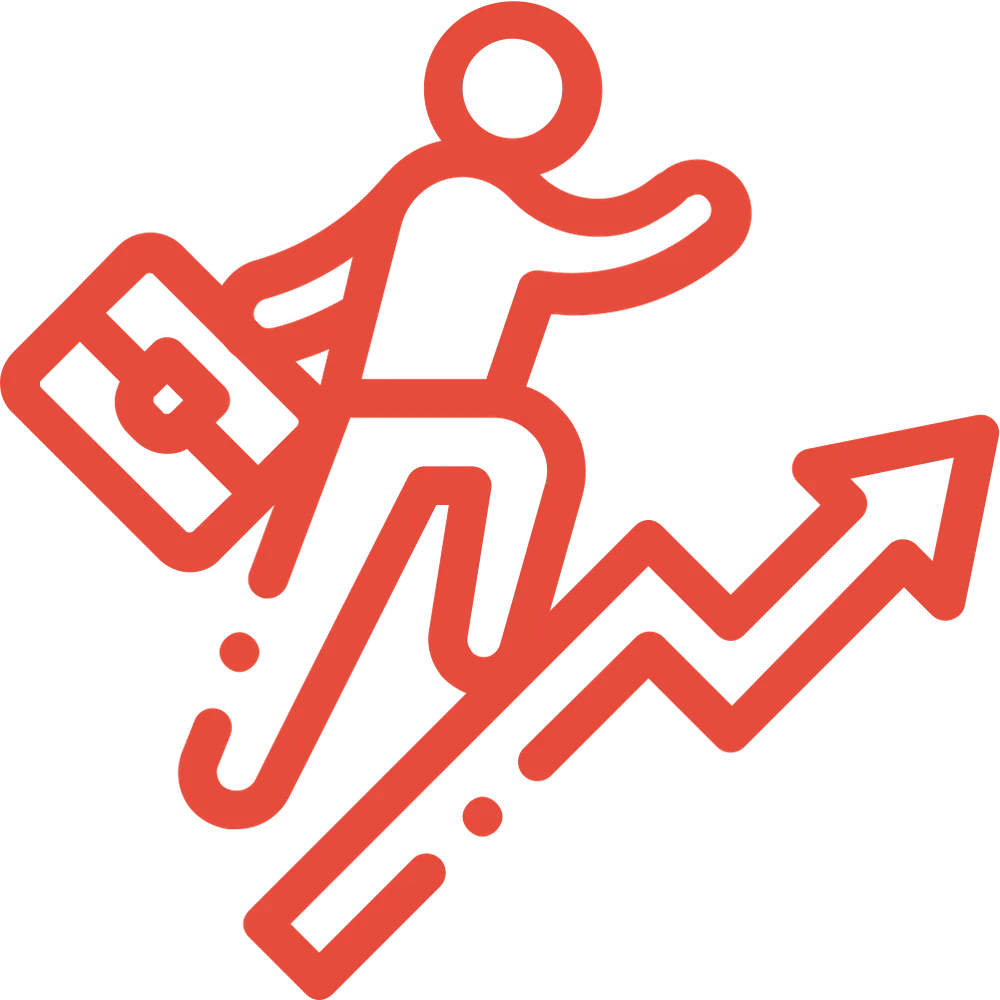 Outline of a person with a briefcase using an arrow as stairs.  Indicates growth.  Red color