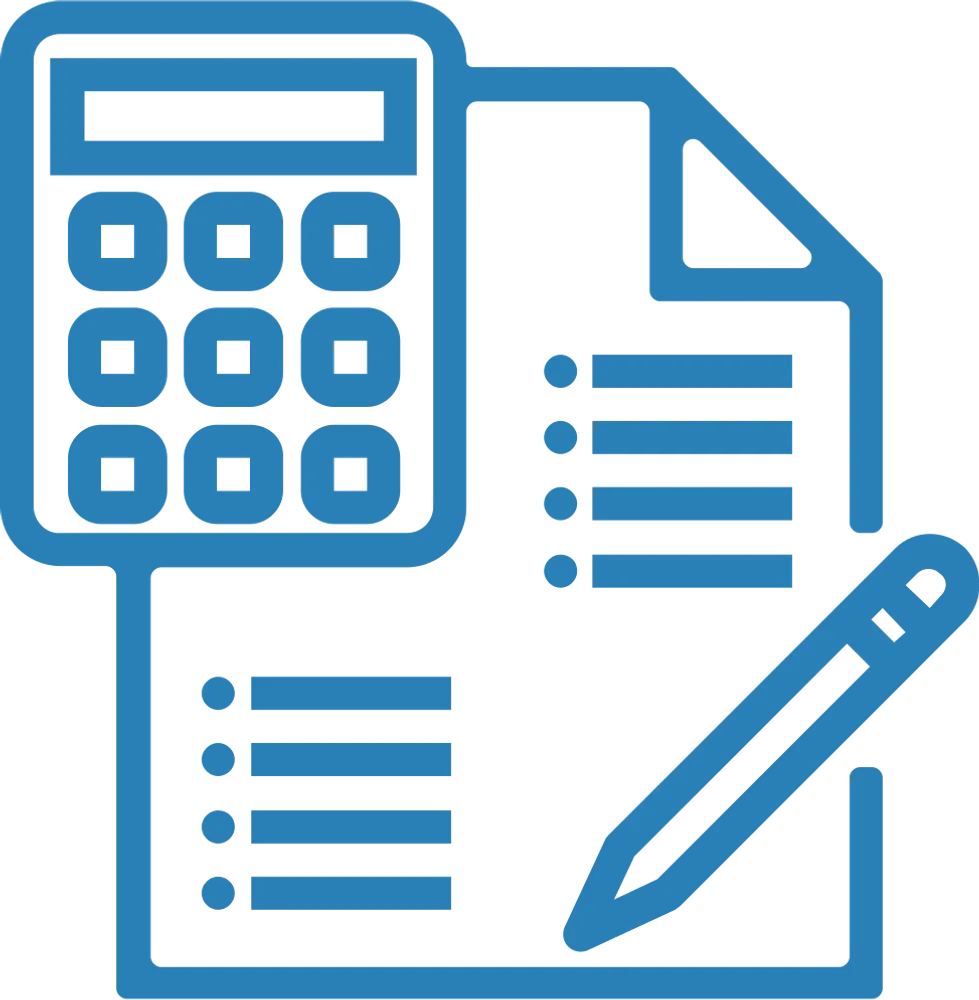 Outline of a paper, pencil and calculator.  The color is blue