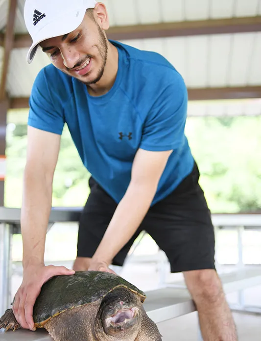 Student in a white cap and blue shirt smiling.  He's holding onto a turtle with both hards.