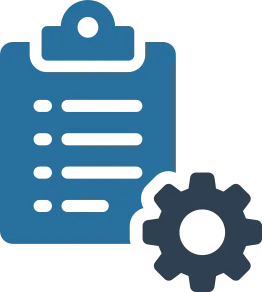 Icon of a blue clipboard with a black gear icon the bottom right.