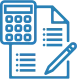Outline of a paper, pencil and calculator.  The color is blue