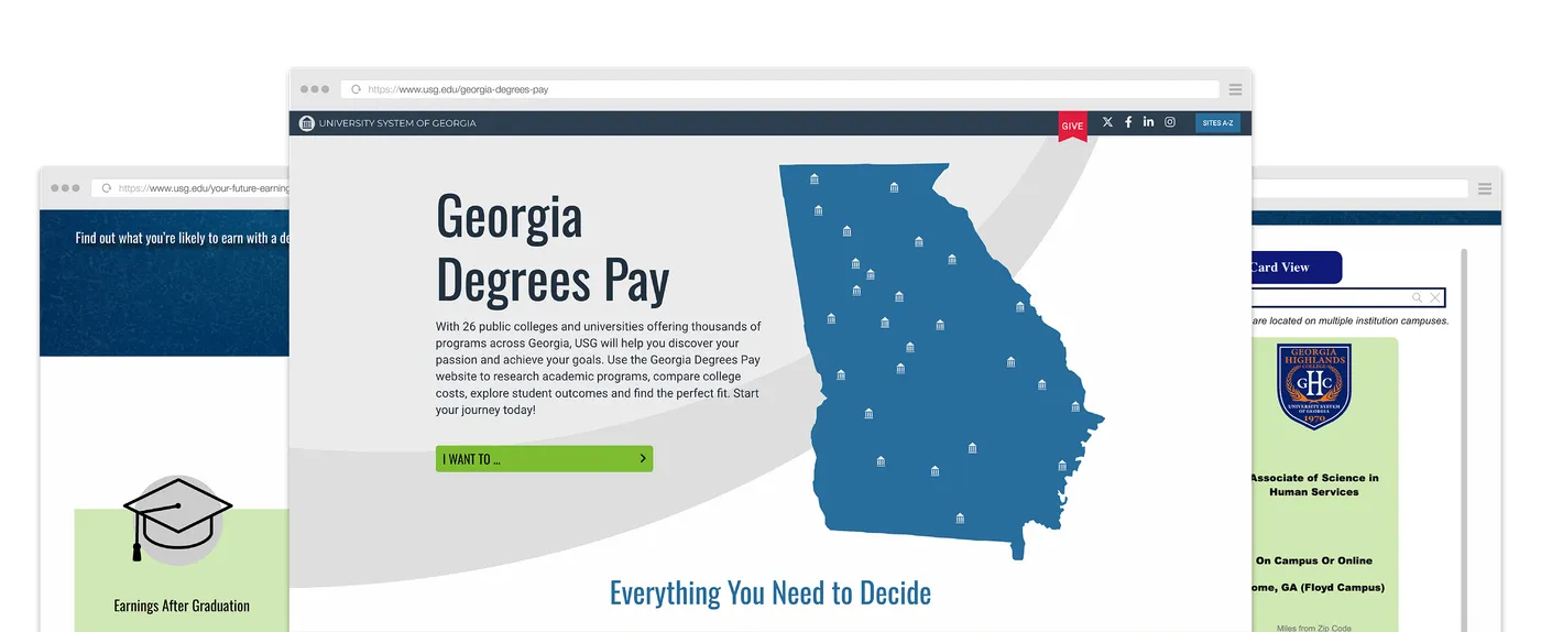 Different webpage samples of Georgia Degrees Pay pages