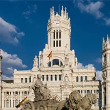 The facade of a large building in Madrid, Spain.