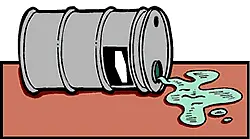 Illustration of a metal barrel turned on its side and liquid spilling out.