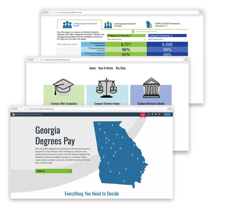 three sample pages of the Georgia Degrees Pay site